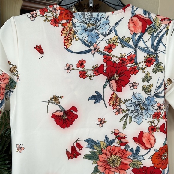 Brand New ABS Collection White Shift Dress Short Sleeved V-Neck Oriental Floral - Picture 12 of 15